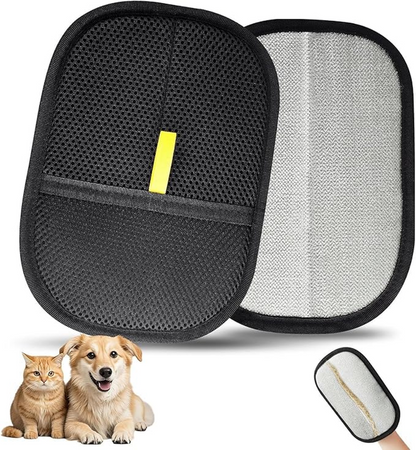 Pet hair removal tool with black mesh and white filter, featuring a cat and dog on a white background.